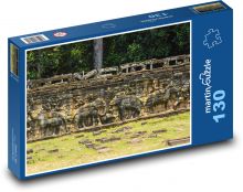 Zeď se slony - kámen, Kambodža Puzzle 130 dílků - 28,7 x 20 cm
