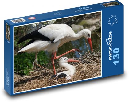 Bocian biały - gniazdo, pisklę - Puzzle 130 elementów, rozmiar 28,7x20 cm