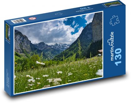 Údolí hory - Švýcarsko, rozkvetlá louka - puzzle 130 dílků