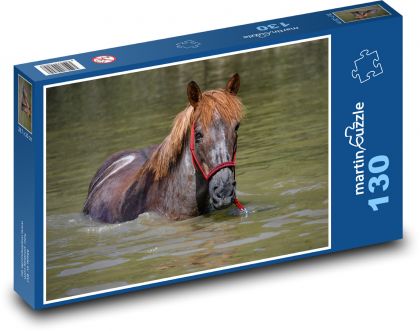 Kůň ve vodě - koupání, rybník - Puzzle 130 dílků, rozměr 28,7x20 cm