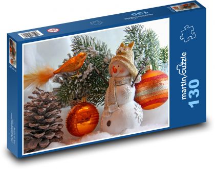 Vánoce - sněhulák, dekorace - Puzzle 130 dílků, rozměr 28,7x20 cm