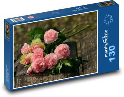 Kytice - růžový květ, lavička - Puzzle 130 dílků, rozměr 28,7x20 cm