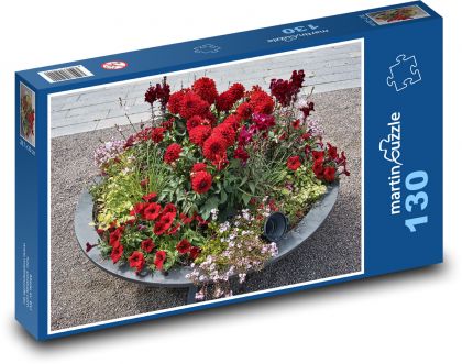 Červené květiny - dekorace v hrnci, zahrada - puzzle 130 dílků