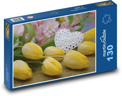 Žluté tulipány - srdce, dárek - Puzzle 130 dílků, rozměr 28,7x20 cm