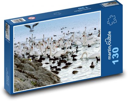 Labutě - ptáci, jezero - Puzzle 130 dílků, rozměr 28,7x20 cm