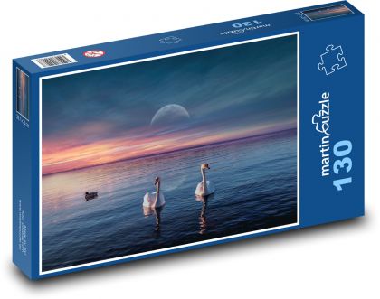 Západ slunce - labutě, jezero - puzzle 130 dílků