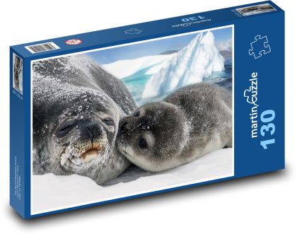 Seal mom with baby - snow, glacier - Puzzle 130 pieces, size 28.7x20 cm 