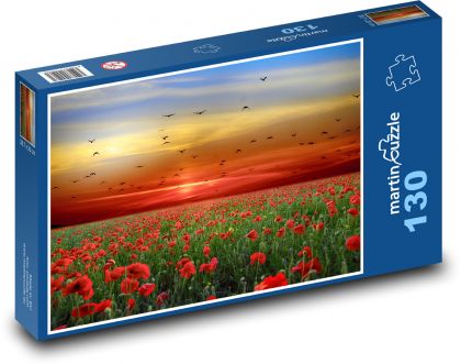 Pole vlčích makov - západ slnka, kvety - Puzzle 130 dielikov, rozmer 28,7x20 cm 