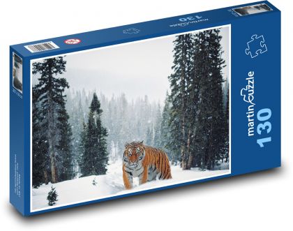 Tygr ve sněhu - lesní krajina, stromy  - Puzzle 130 dílků, rozměr 28,7x20 cm