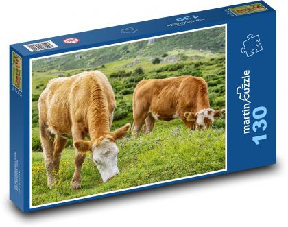 Hnědé krávy - hospodářská zvířata, pastvina - Puzzle 130 dílků, rozměr 28,7x20 cm