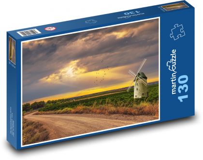 Windmühle auf dem Feld - Straße, Sonnenuntergang - Puzzle - 130 Teile