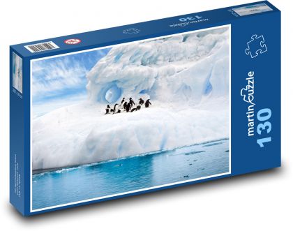 Tučňáci na ledovci - sníh, zimní ptáci - Puzzle 130 dílků, rozměr 28,7x20 cm