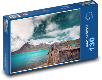 Snowy Mountains - lake, house - Puzzle 130 pieces, size 28.7x20 cm 