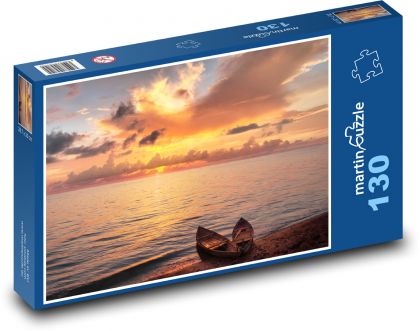 Sonnenuntergang, See, Boote - Puzzle - 130 Teile