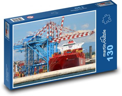 Statek towarowy, port - Puzzle 130 elementów, rozmiar 28,7x20 cm