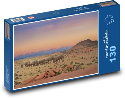 Sloni - západ slunce, krajina  - Puzzle 130 dílků, rozměr 28,7x20 cm