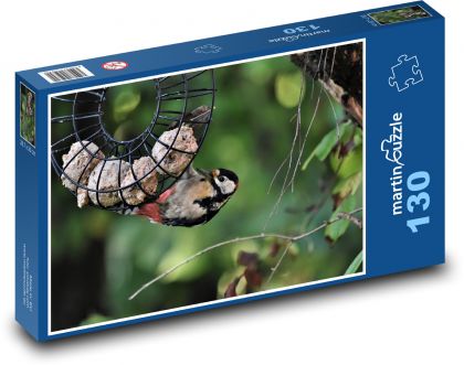 Ďateľ na krmítku - vták, zviera - Puzzle 130 dielikov, rozmer 28,7x20 cm 
