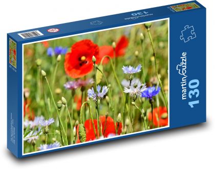 Chrpy - vlčí mák, louka s květinami - Puzzle 130 dílků, rozměr 28,7x20 cm