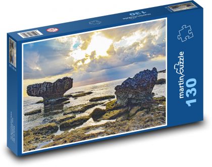 Oceán - západ slunce, skály - puzzle 130 dílků