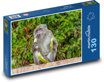 Opice s banány - makak, jíst - Puzzle 130 dílků, rozměr 28,7x20 cm
