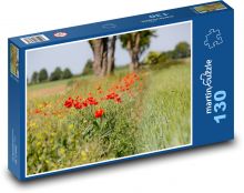 Červený mák - květ, louka Puzzle 130 dílků - 28,7 x 20 cm