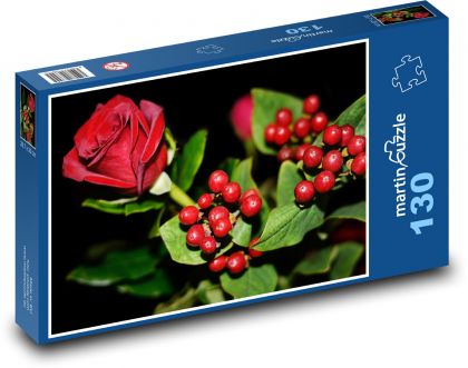 Czerwona róża - bukiet, czerwone jagody - Puzzle 130 elementów, rozmiar 28,7x20 cm