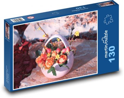 Velikonoční košík - kytice, růže - Puzzle 130 dílků, rozměr 28,7x20 cm