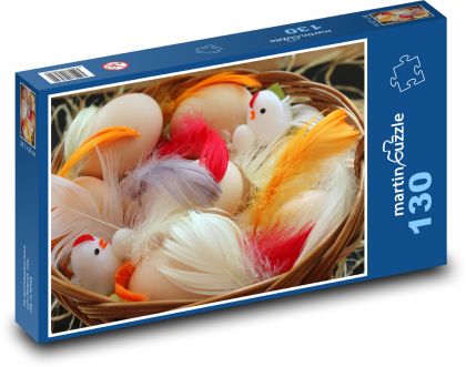 Velikonoční košík - barevné peří, vejce - Puzzle 130 dílků, rozměr 28,7x20 cm