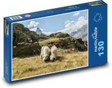 Wallisian black-nosed sheep - mountains, pasture Puzzle 130 pieces - 28.7 x 20 cm