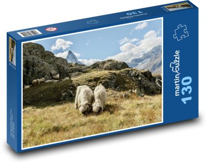 Walliserská černonosá ovce - hory, pastvina - Puzzle 130 dílků, rozměr 28,7x20 cm