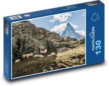 Ovce na skale - Švajčiarsko, hory Puzzle 130 dielikov - 28,7 x 20 cm 