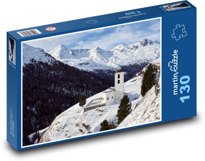 Zimná krajina - zasnežené hory, kostol - Puzzle 130 dielikov, rozmer 28,7x20 cm 