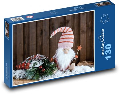 Vánoční trpaslík - dekorace, zima  - Puzzle 130 dílků, rozměr 28,7x20 cm