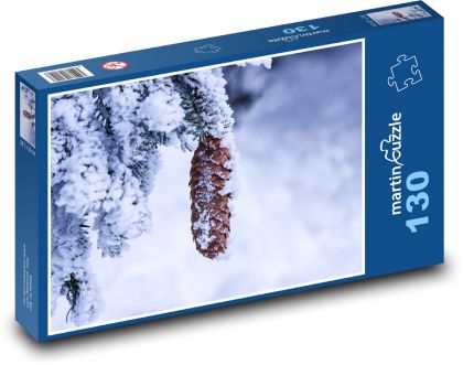 Borovicová šiška - sníh, strom - Puzzle 130 dílků, rozměr 28,7x20 cm