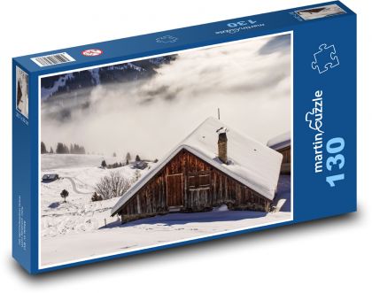 Dům ve svahu - sníh, mlha - Puzzle 130 dílků, rozměr 28,7x20 cm