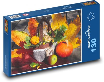 Autumn decoration - colorful leaves, pumpkin - Puzzle 130 pieces, size 28.7x20 cm 