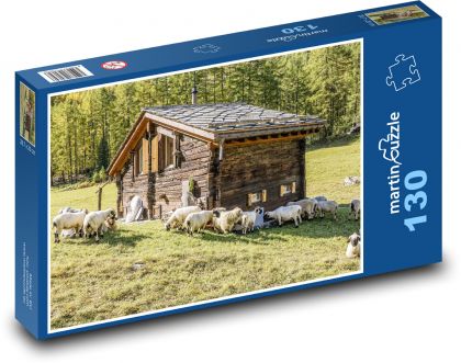 Vysokohorská chata - pastvina, ovce  - Puzzle 130 dílků, rozměr 28,7x20 cm