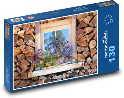 Drevená hromada - palivové drevo, okná - Puzzle 130 dielikov, rozmer 28,7x20 cm 
