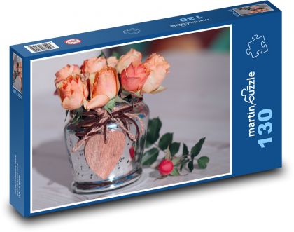 Kytice růží - oranžové květy, srdce - Puzzle 130 dílků, rozměr 28,7x20 cm