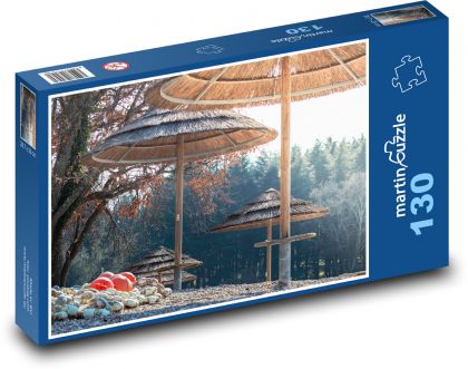 Straw umbrellas - beach, summer - Puzzle 130 pieces, size 28.7x20 cm 