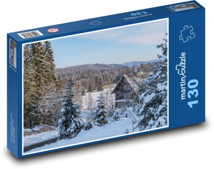 Dom v lese - zima, vlak - Puzzle 130 dielikov, rozmer 28,7x20 cm 