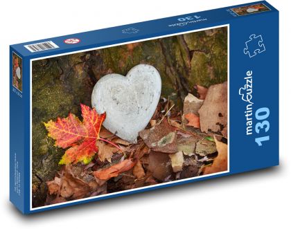 Srdce - kámen, podzimní listí - Puzzle 130 dílků, rozměr 28,7x20 cm