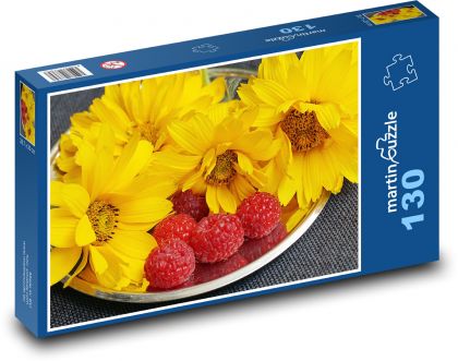 Žluté květiny - maliny, ovoce - Puzzle 130 dílků, rozměr 28,7x20 cm