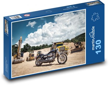 Harley Davidson a stavební stroje - Puzzle 130 dílků, rozměr 28,7x20 cm