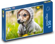 Pes v mikině - štěně, tráva Puzzle 130 dílků - 28,7 x 20 cm