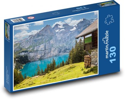 Mountain Lake - cottage, mountains - Puzzle 130 pieces, size 28.7x20 cm 