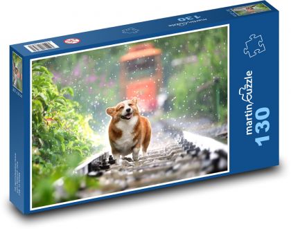 Pes corgi - koleje, vlak - puzzle 130 dílků