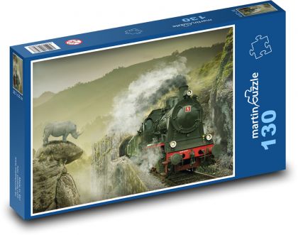 Parní lokomotiva - nosorožec, vlak - Puzzle 130 dílků, rozměr 28,7x20 cm