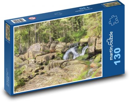 Skály - vodopád, les - Puzzle 130 dílků, rozměr 28,7x20 cm