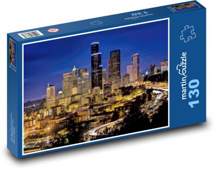 Oświetlone budynki - miasto, noc - Puzzle 130 elementów, rozmiar 28,7x20 cm